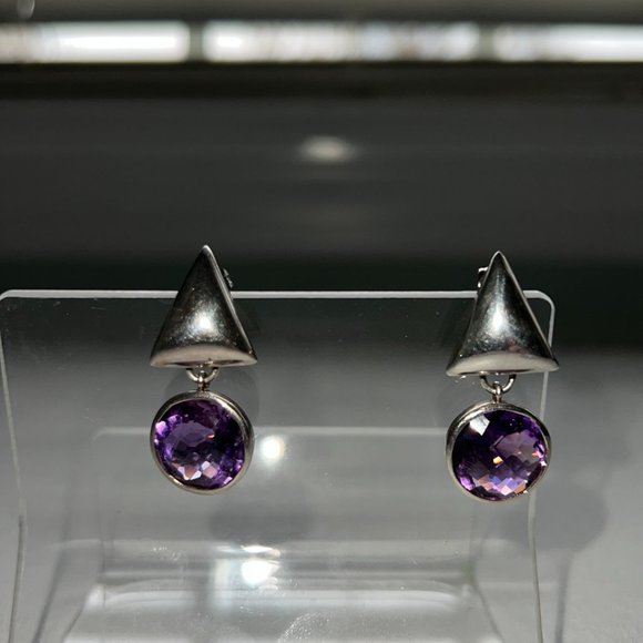 Handmade Sterling Silver Amethyst Post Dangle Earrings - Picture 1 of 6